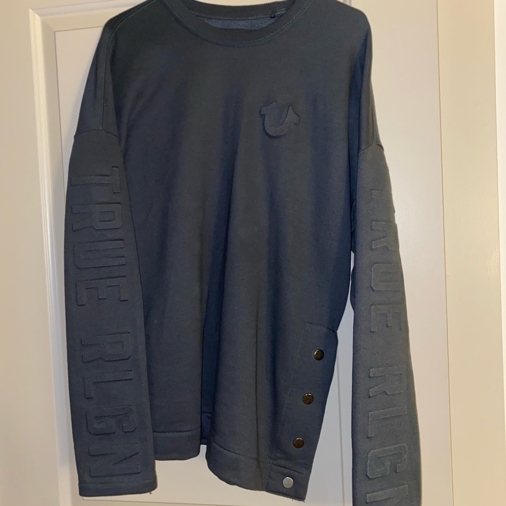 Men’s Grey True Religion Sweater with Buttons on the sides.
